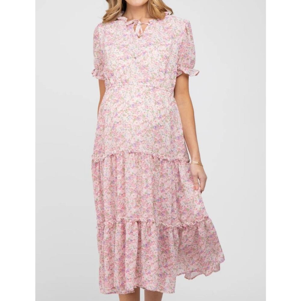 Hayden Maternity Dress Tiered Ruffle Midi Cottagecore‎ Prairie Pink Floral Large